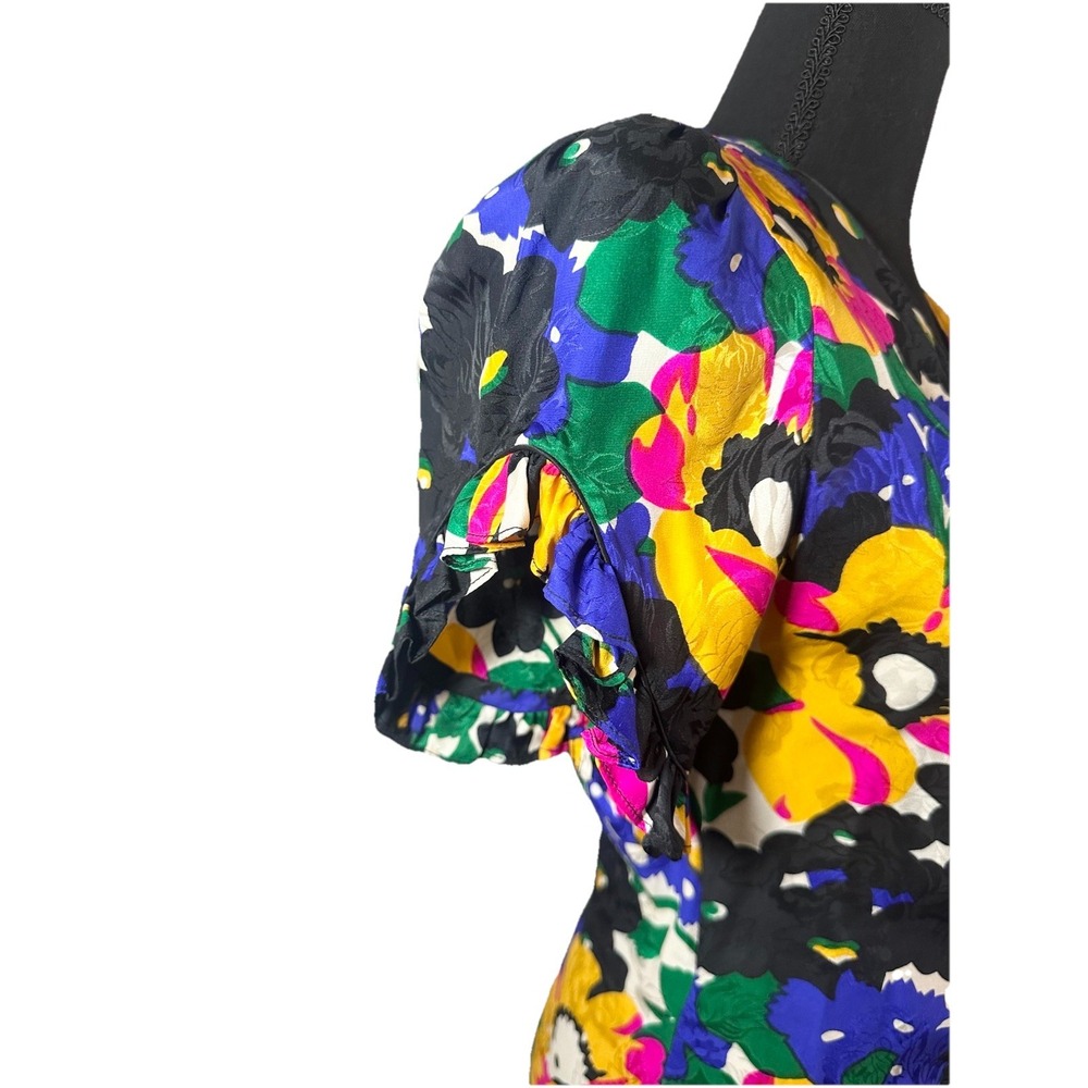 VTG *RARE* 1980's Flora Kung 100% Silk Colorful Floral Puff Sleeve Wrap Dress 6 - Picture 6 of 16
